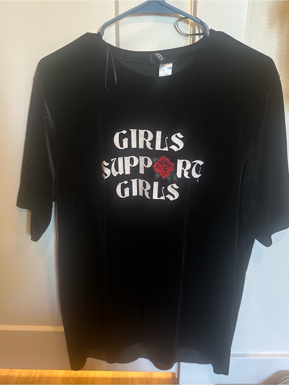 Divided Black Velvet Tee with White Lettering and Red Rose